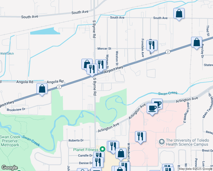 map of restaurants, bars, coffee shops, grocery stores, and more near 3375 Airport Highway in Toledo