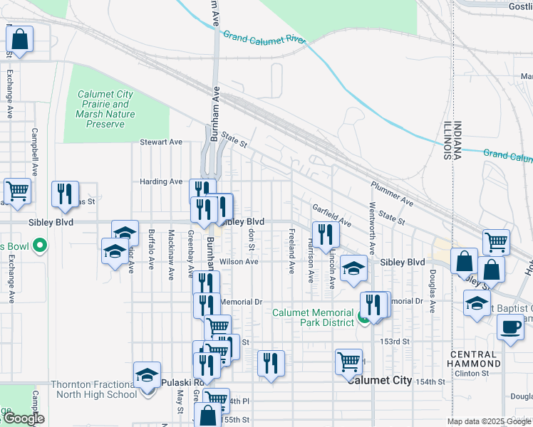 map of restaurants, bars, coffee shops, grocery stores, and more near 455 Price Avenue in Calumet City