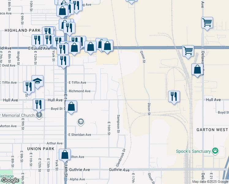 map of restaurants, bars, coffee shops, grocery stores, and more near 1646 Hull Avenue in Des Moines