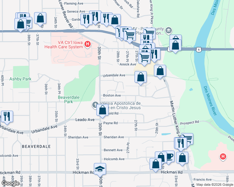 map of restaurants, bars, coffee shops, grocery stores, and more near 2895 Boston Avenue in Des Moines