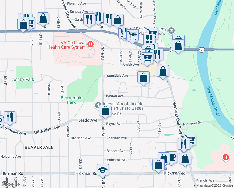 map of restaurants, bars, coffee shops, grocery stores, and more near 2895 Boston Avenue in Des Moines