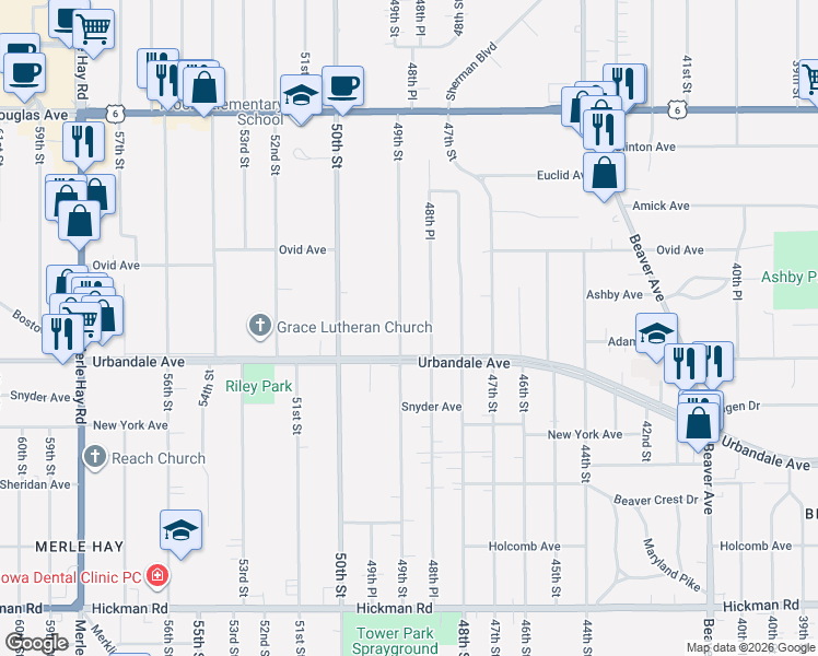 map of restaurants, bars, coffee shops, grocery stores, and more near 3108 49th Street in Des Moines