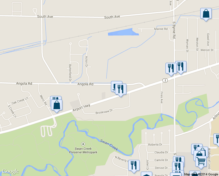 map of restaurants, bars, coffee shops, grocery stores, and more near 3859 Angola Rd in Toledo