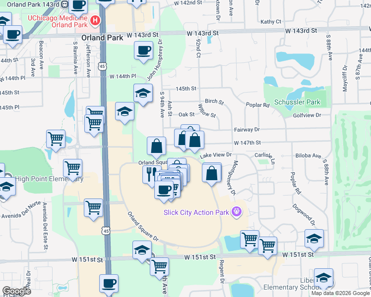 map of restaurants, bars, coffee shops, grocery stores, and more near 14657 Green Street in Orland Park