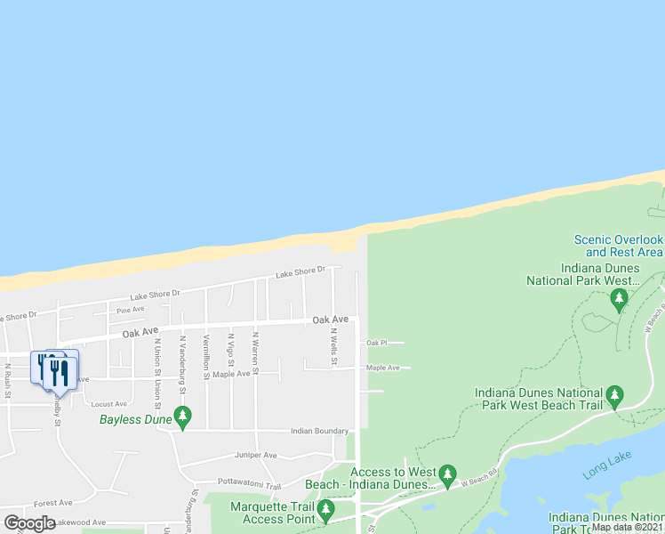 map of restaurants, bars, coffee shops, grocery stores, and more near Lake Shore Dr & N Wells St in Gary
