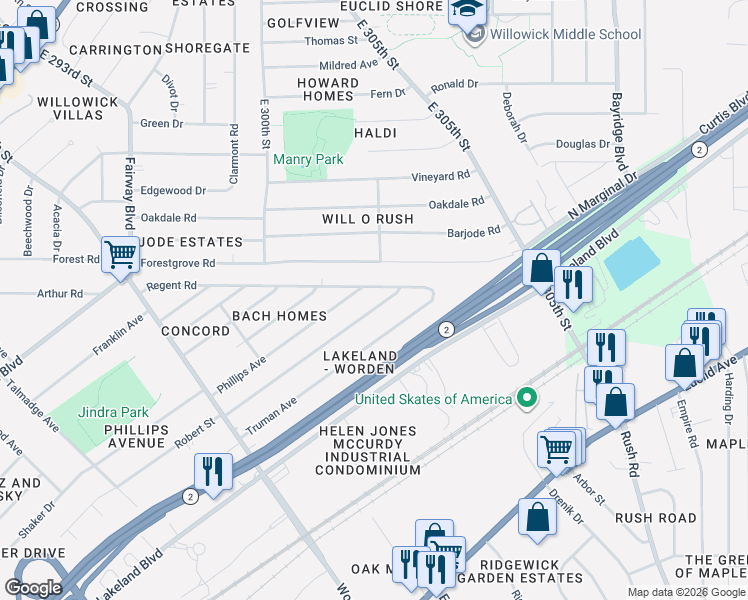 map of restaurants, bars, coffee shops, grocery stores, and more near 30231 Regent Road in Wickliffe