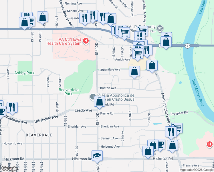 map of restaurants, bars, coffee shops, grocery stores, and more near 2895 Boston Avenue in Des Moines