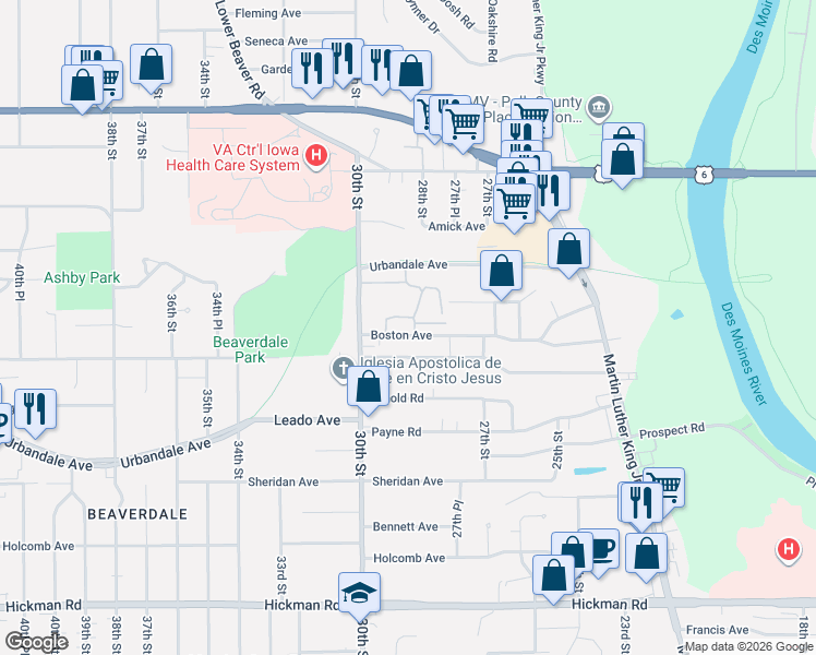 map of restaurants, bars, coffee shops, grocery stores, and more near 2811 Boston Avenue in Des Moines