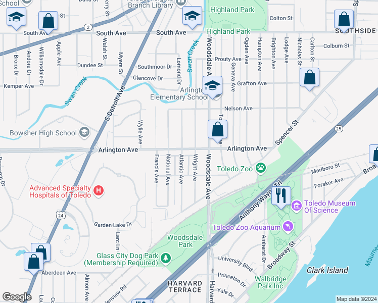 map of restaurants, bars, coffee shops, grocery stores, and more near 1845 Arlington Avenue in Toledo