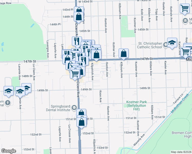 map of restaurants, bars, coffee shops, grocery stores, and more near 14739 Kilpatrick Avenue in Midlothian