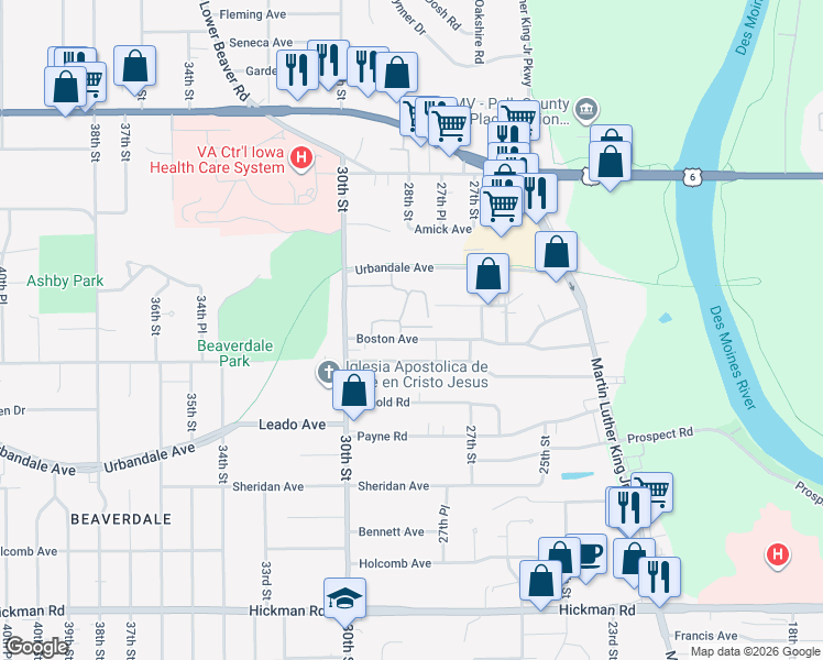 map of restaurants, bars, coffee shops, grocery stores, and more near 2730 Ashby Avenue in Des Moines