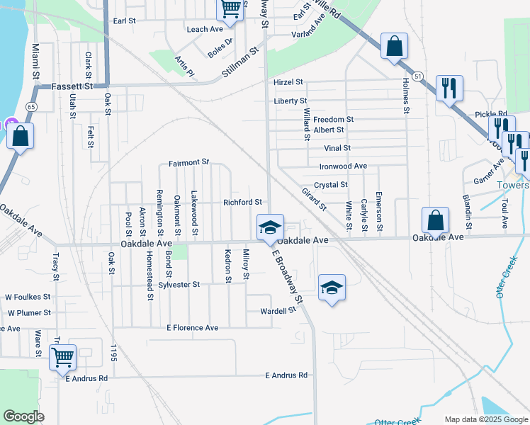 map of restaurants, bars, coffee shops, grocery stores, and more near 1516 East Broadway Street in Toledo