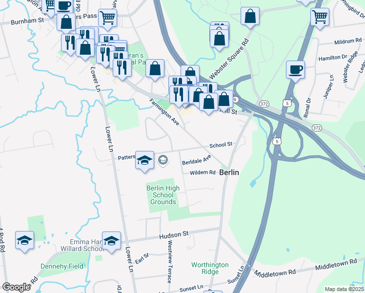 map of restaurants, bars, coffee shops, grocery stores, and more near 48 Patterson Way in Berlin