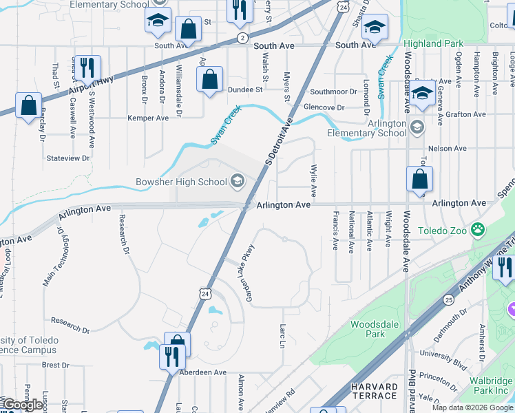 map of restaurants, bars, coffee shops, grocery stores, and more near 2155 Arlington Ave in Toledo