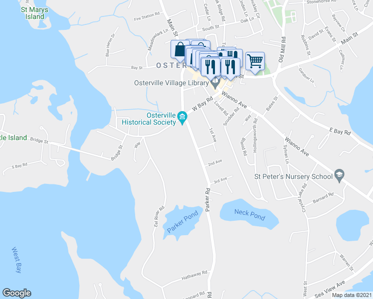 map of restaurants, bars, coffee shops, grocery stores, and more near 135 1st Avenue in Barnstable