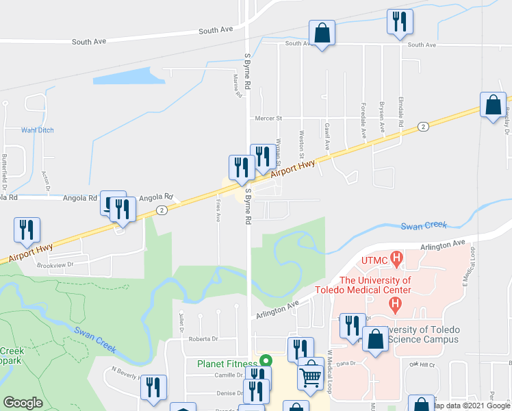 map of restaurants, bars, coffee shops, grocery stores, and more near 3458 Gibraltar Heights Drive in Toledo