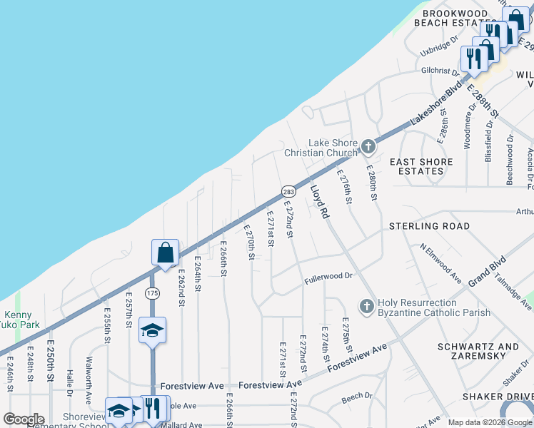 map of restaurants, bars, coffee shops, grocery stores, and more near 27070 Lakeshore Boulevard in Euclid