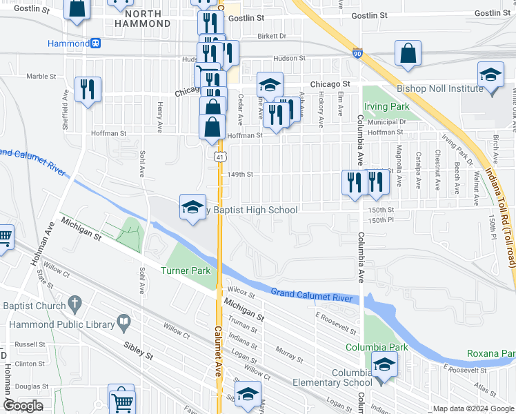 map of restaurants, bars, coffee shops, grocery stores, and more near 4937 Cedar Ave in Hammond
