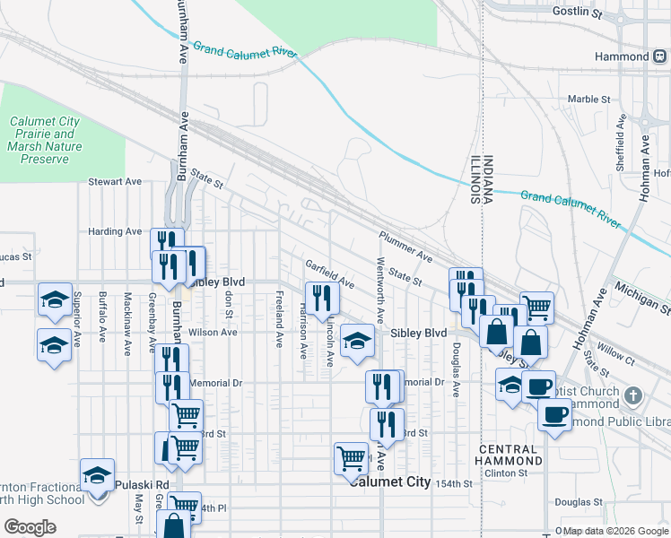 map of restaurants, bars, coffee shops, grocery stores, and more near 502 Garfield Avenue in Calumet City