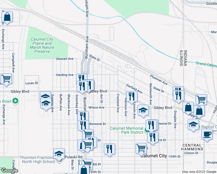 map of restaurants, bars, coffee shops, grocery stores, and more near 457 Gordon Avenue in Calumet City
