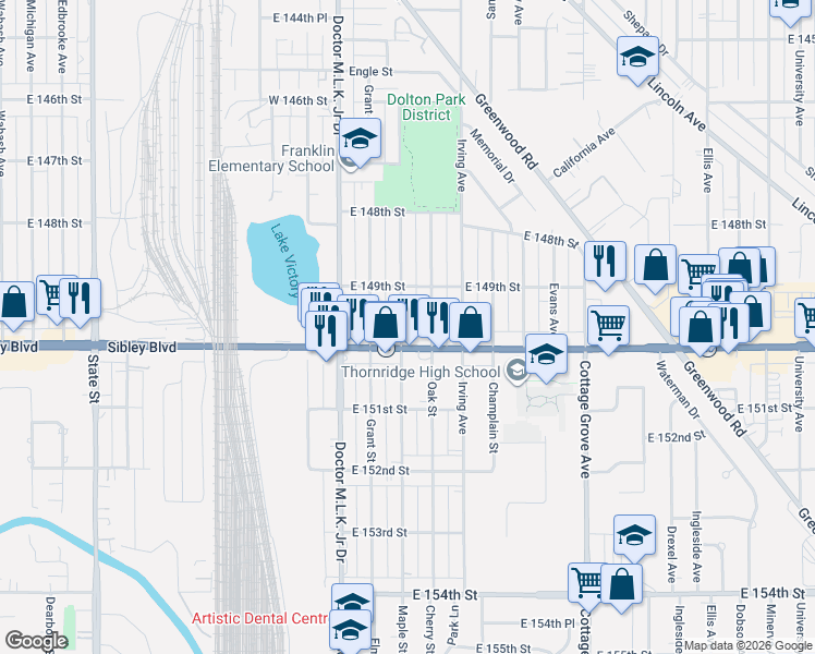 map of restaurants, bars, coffee shops, grocery stores, and more near 14924 Oak Street in Dolton
