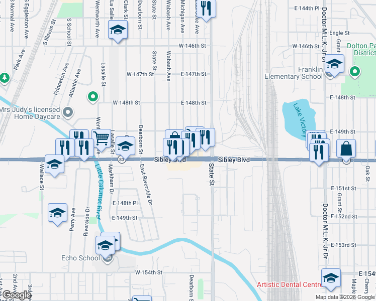map of restaurants, bars, coffee shops, grocery stores, and more near 14925 Michigan Avenue in Dolton