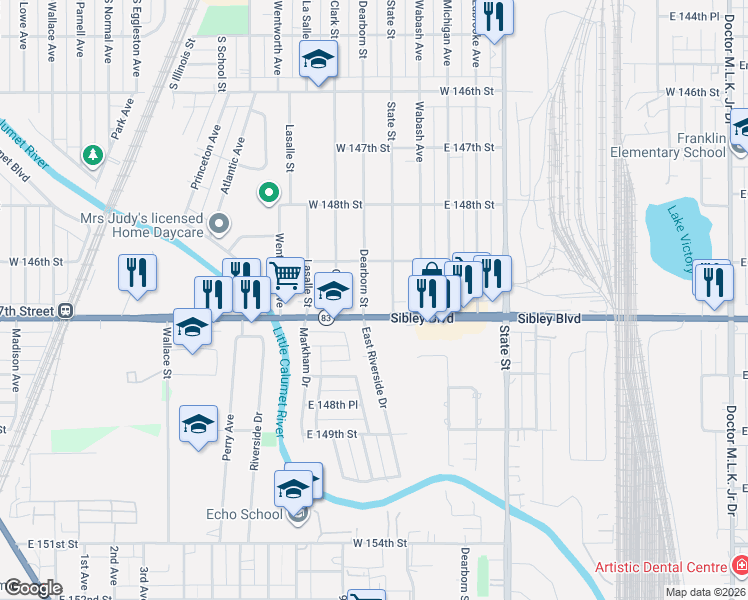map of restaurants, bars, coffee shops, grocery stores, and more near 14926 State Street in Dolton