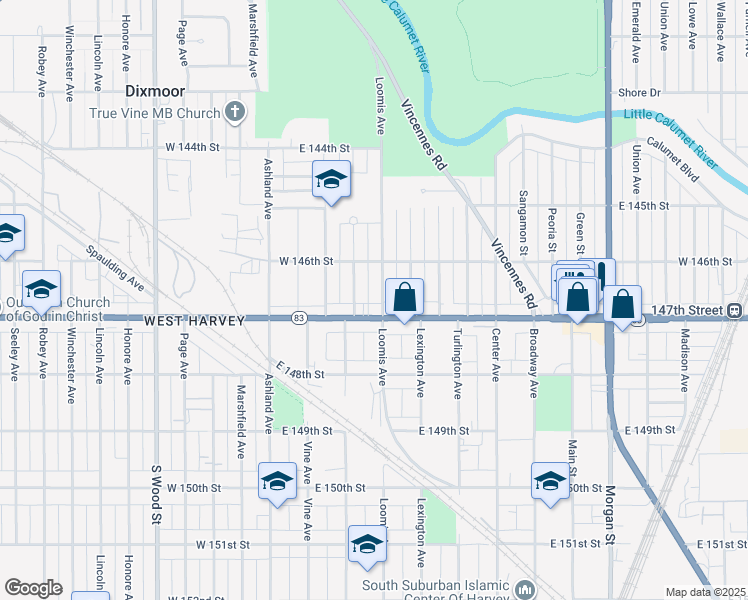 map of restaurants, bars, coffee shops, grocery stores, and more near 14623 Loomis Avenue in Harvey