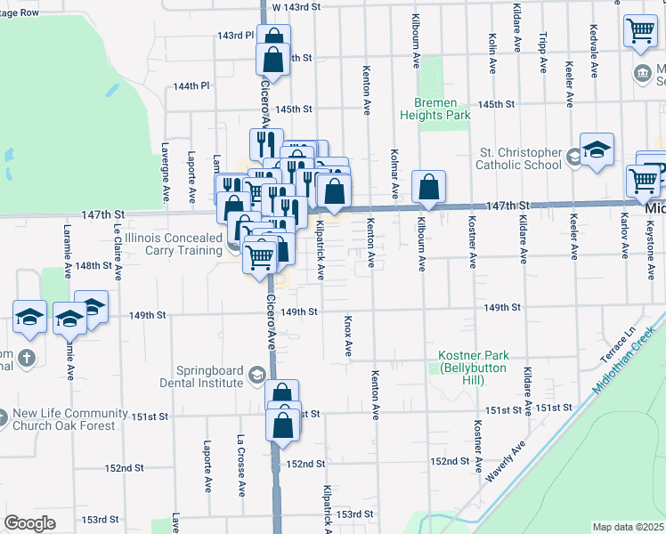 map of restaurants, bars, coffee shops, grocery stores, and more near 14739 Kilpatrick Avenue in Midlothian