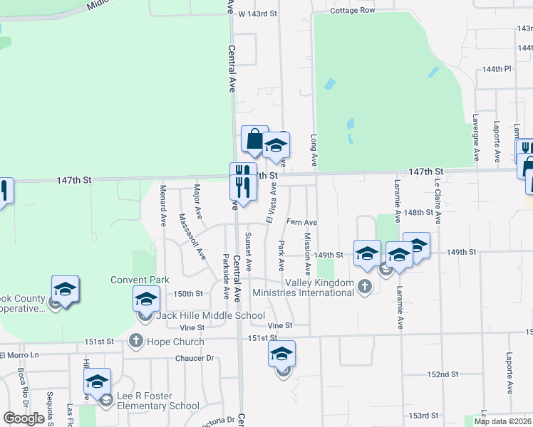 map of restaurants, bars, coffee shops, grocery stores, and more near 14746 El Vista Avenue in Oak Forest