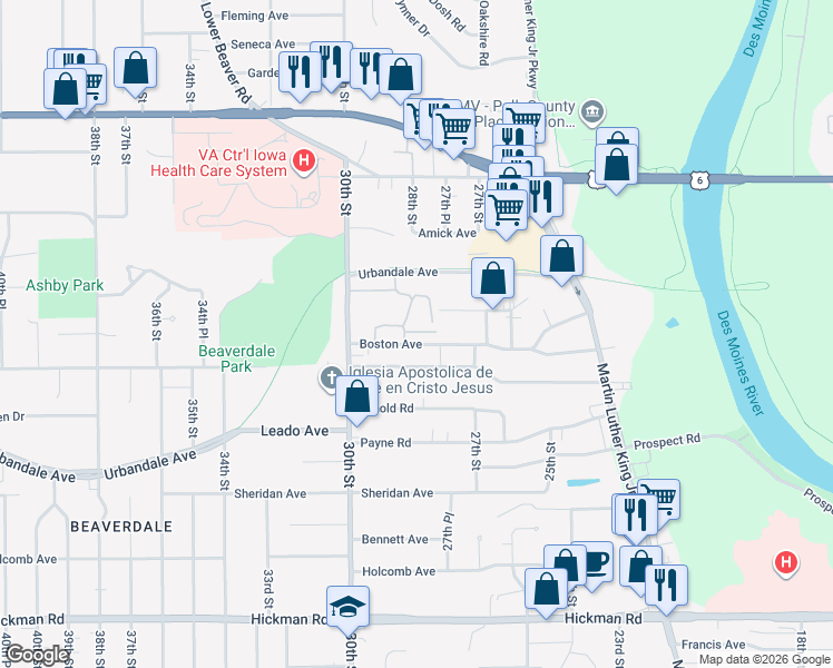 map of restaurants, bars, coffee shops, grocery stores, and more near 2730 Ashby Avenue in Des Moines