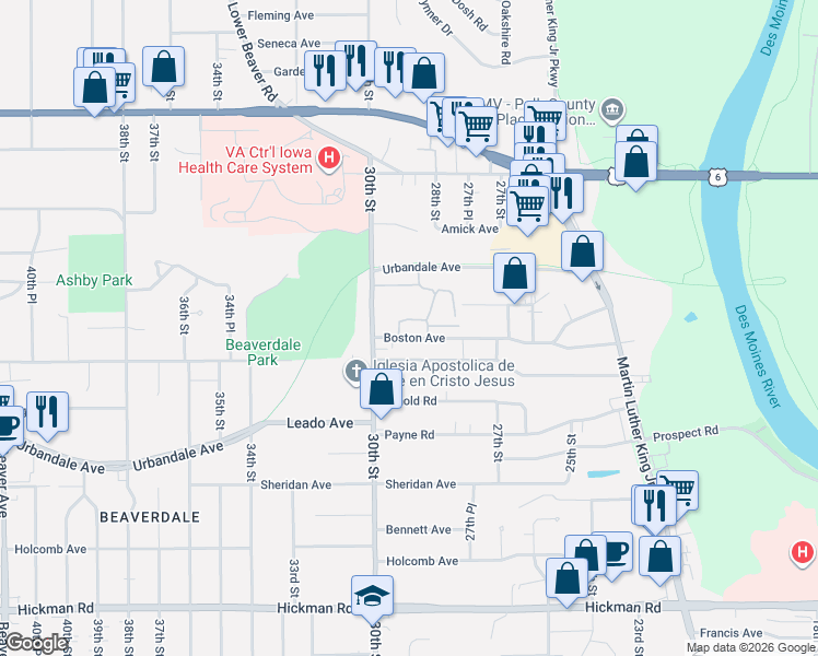 map of restaurants, bars, coffee shops, grocery stores, and more near 2895 Boston Avenue in Des Moines