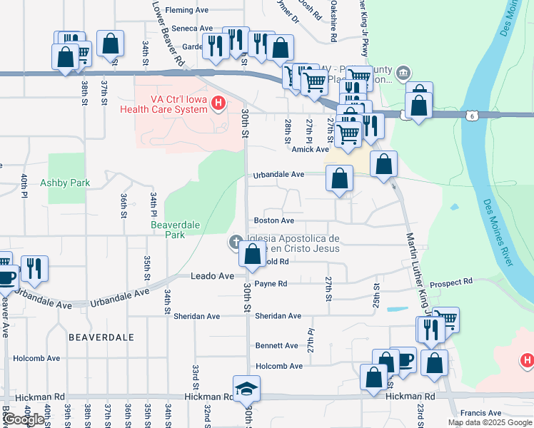 map of restaurants, bars, coffee shops, grocery stores, and more near 2895 Boston Avenue in Des Moines