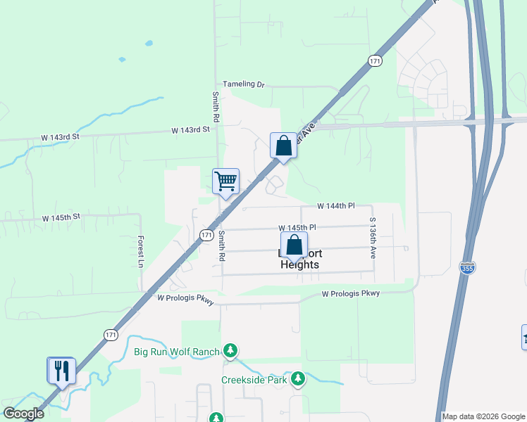 map of restaurants, bars, coffee shops, grocery stores, and more near 16665 144th Place in Lockport
