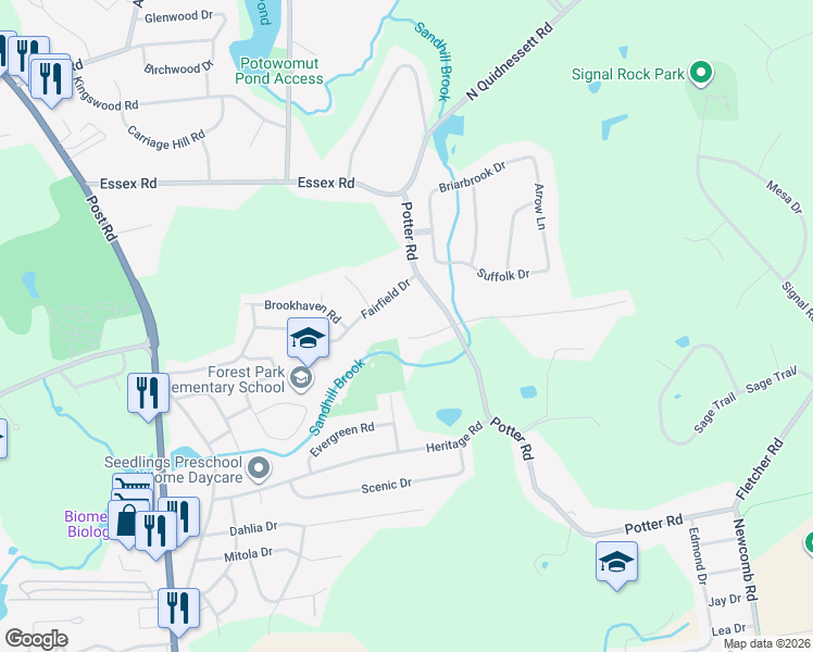 map of restaurants, bars, coffee shops, grocery stores, and more near 145 Potter Road in North Kingstown