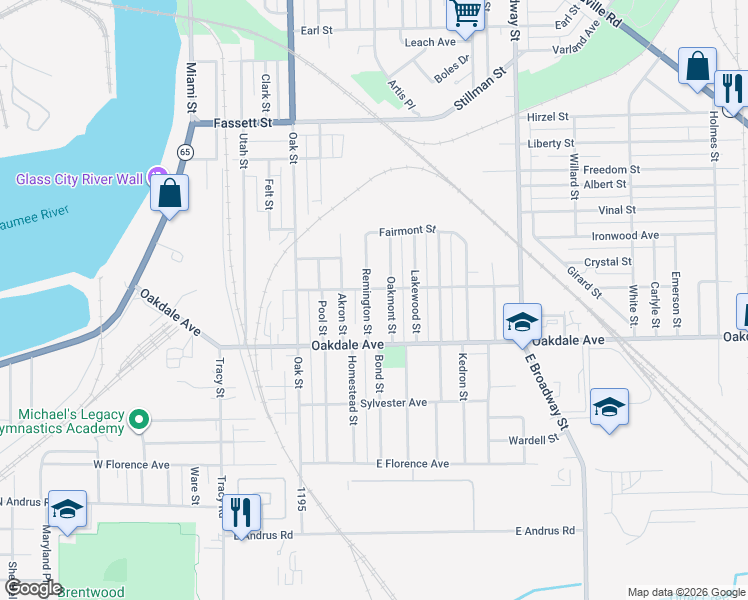 map of restaurants, bars, coffee shops, grocery stores, and more near 504 Richford Street in Toledo