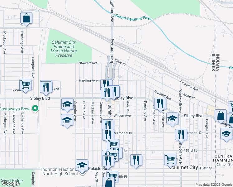 map of restaurants, bars, coffee shops, grocery stores, and more near 454 Hirsch Avenue in Calumet City