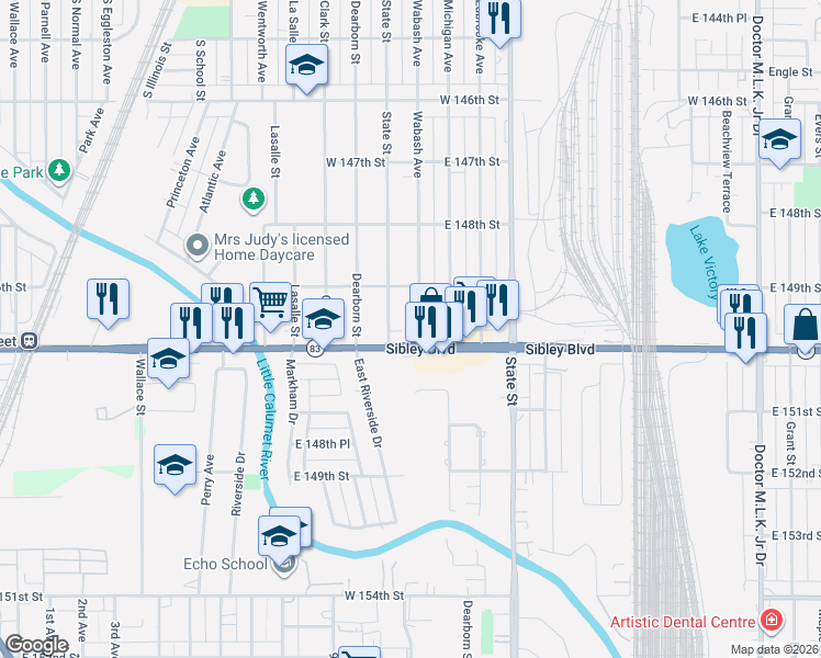 map of restaurants, bars, coffee shops, grocery stores, and more near 14924 Wabash Avenue in Dolton