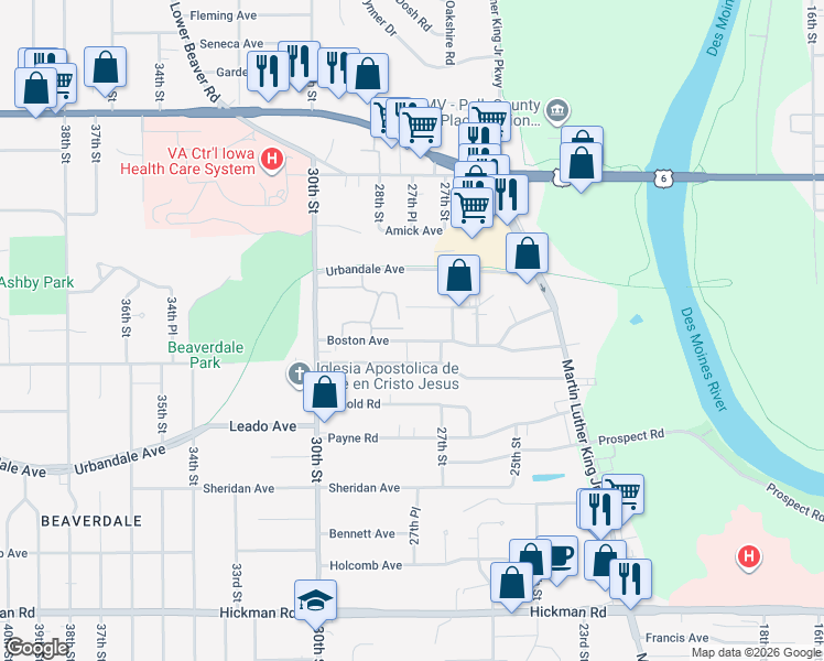 map of restaurants, bars, coffee shops, grocery stores, and more near 2730 Ashby Avenue in Des Moines