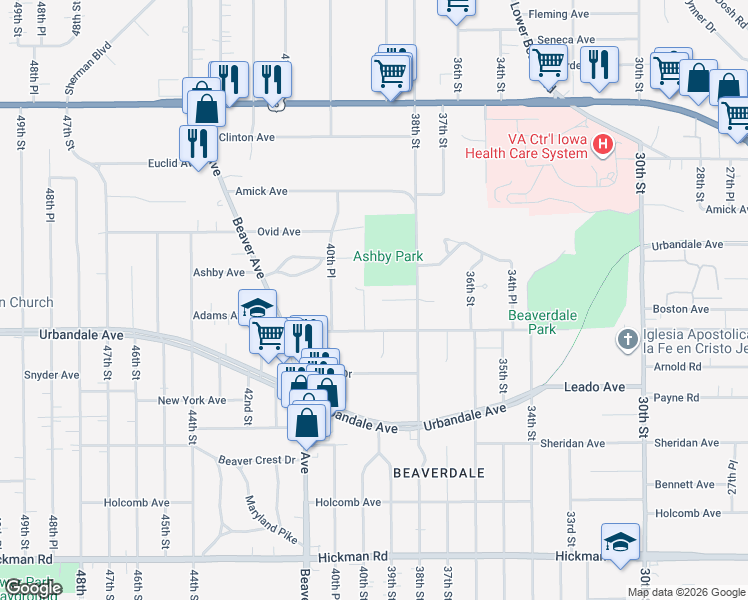 map of restaurants, bars, coffee shops, grocery stores, and more near 3116 40th Street in Des Moines