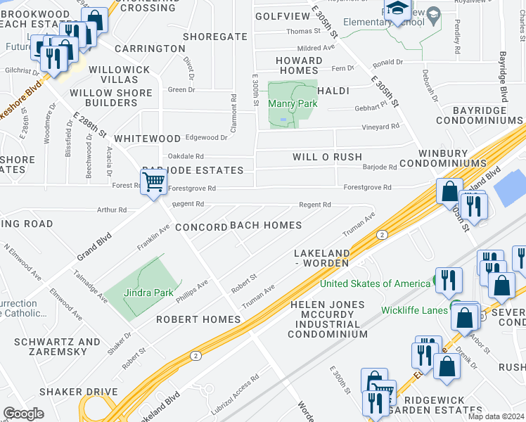 map of restaurants, bars, coffee shops, grocery stores, and more near 30056 Elgin Road in Wickliffe