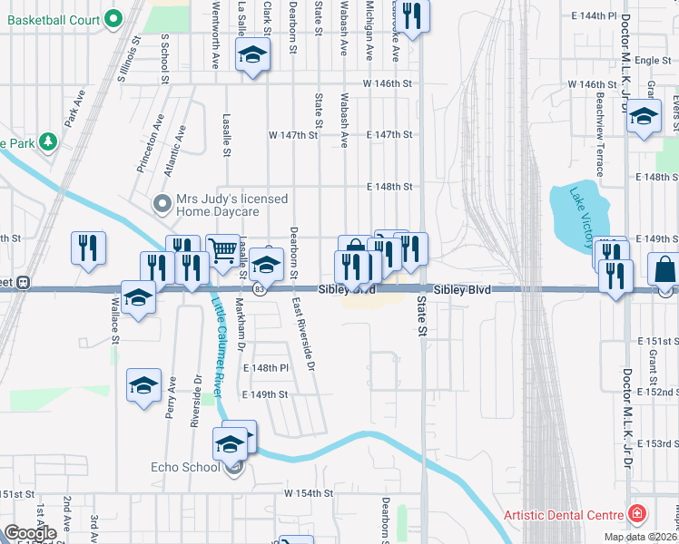map of restaurants, bars, coffee shops, grocery stores, and more near 14932 Wabash Avenue in Dolton