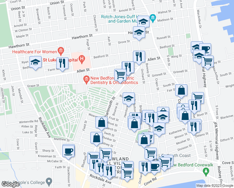 map of restaurants, bars, coffee shops, grocery stores, and more near 180 Dartmouth Street in New Bedford