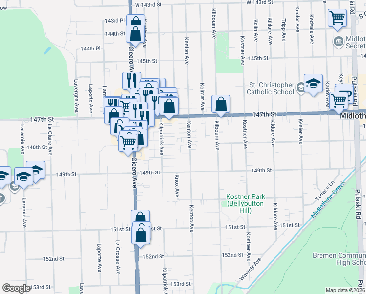 map of restaurants, bars, coffee shops, grocery stores, and more near 14739 Kilpatrick Avenue in Midlothian