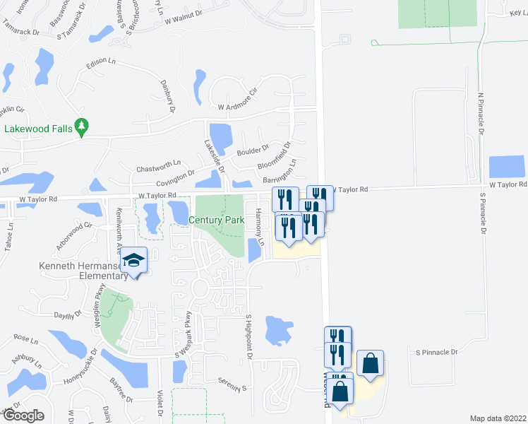 map of restaurants, bars, coffee shops, grocery stores, and more near 29 Harmony Lane in Romeoville