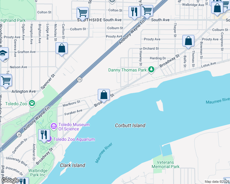 map of restaurants, bars, coffee shops, grocery stores, and more near 2402 Broadway St in Toledo