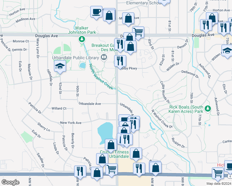 map of restaurants, bars, coffee shops, grocery stores, and more near 320 Whitson Drive in Urbandale