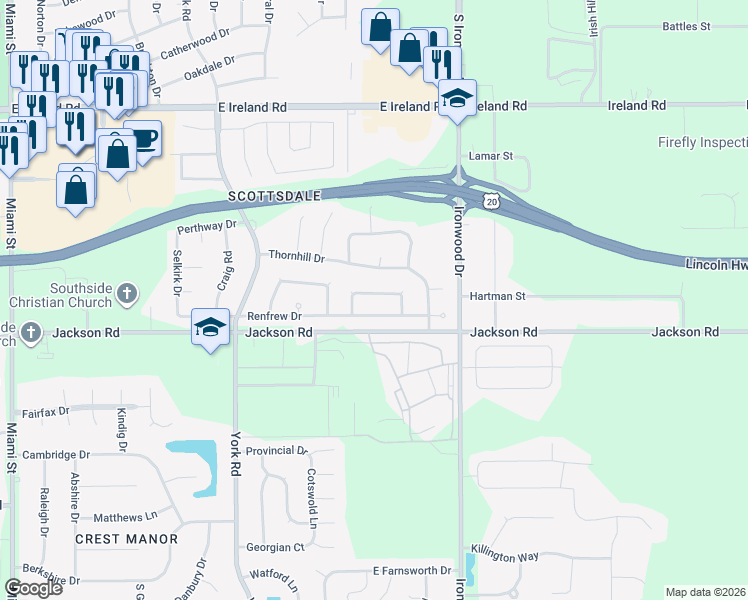 map of restaurants, bars, coffee shops, grocery stores, and more near 1968 Broadford Drive in South Bend