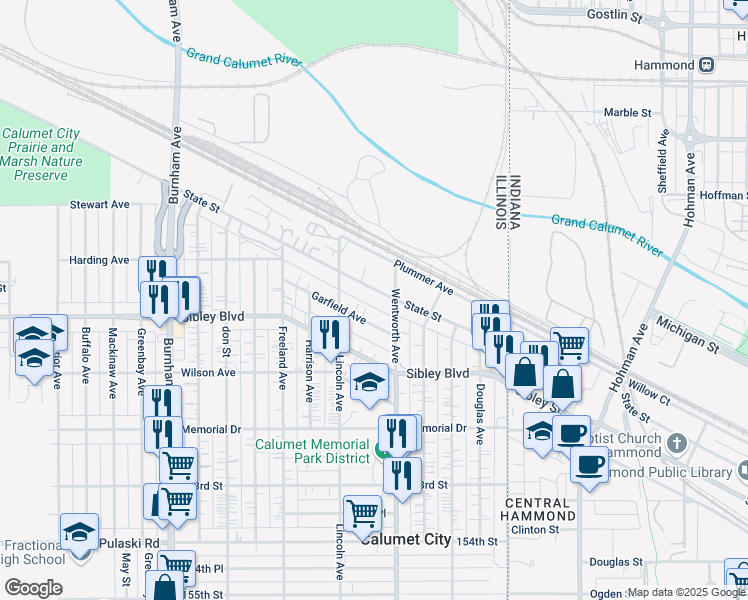 map of restaurants, bars, coffee shops, grocery stores, and more near 419 East State Street in Calumet City