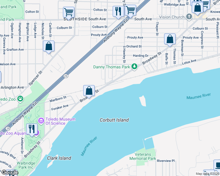 map of restaurants, bars, coffee shops, grocery stores, and more near 2311 Waterworks Drive in Toledo
